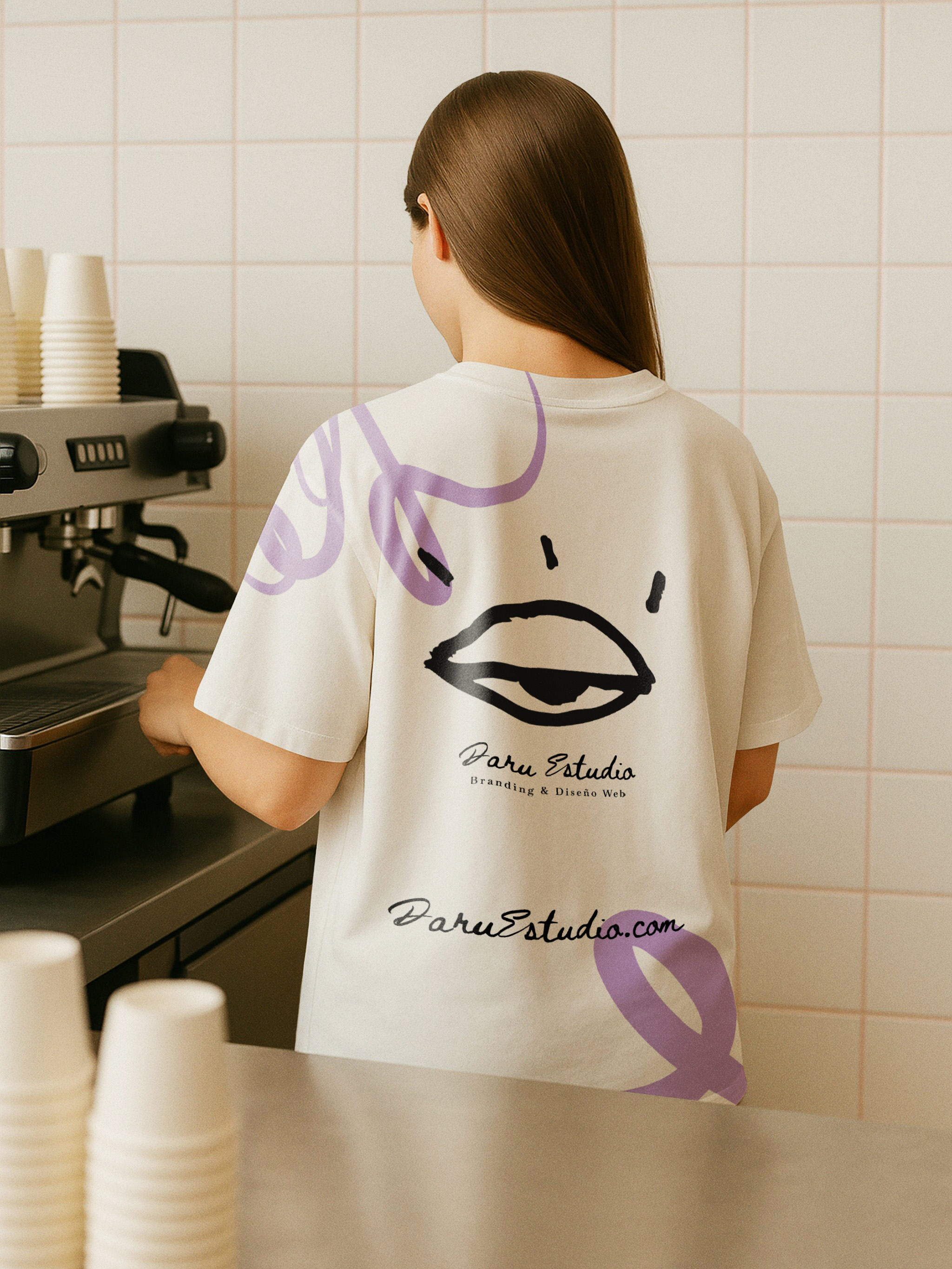 Fotomontaje de una chica en una cafetería con la camiseta de Daru